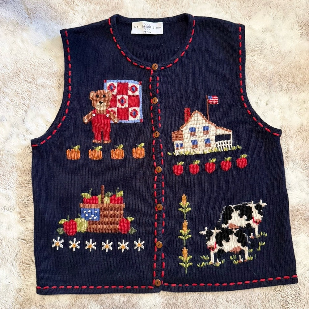 Vintage Marisa Christina Knit Fall Button Up Sweater Vest MEASURMENTS IN PICTURE
